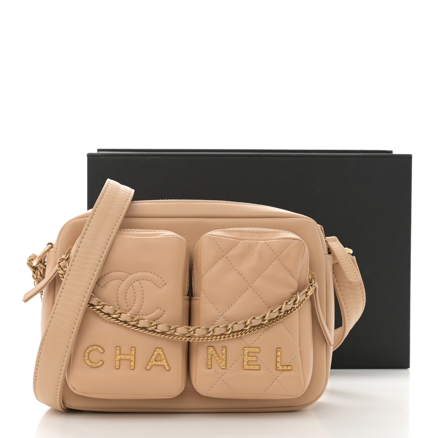 Calfskin Quilted Small Camera Case Beige