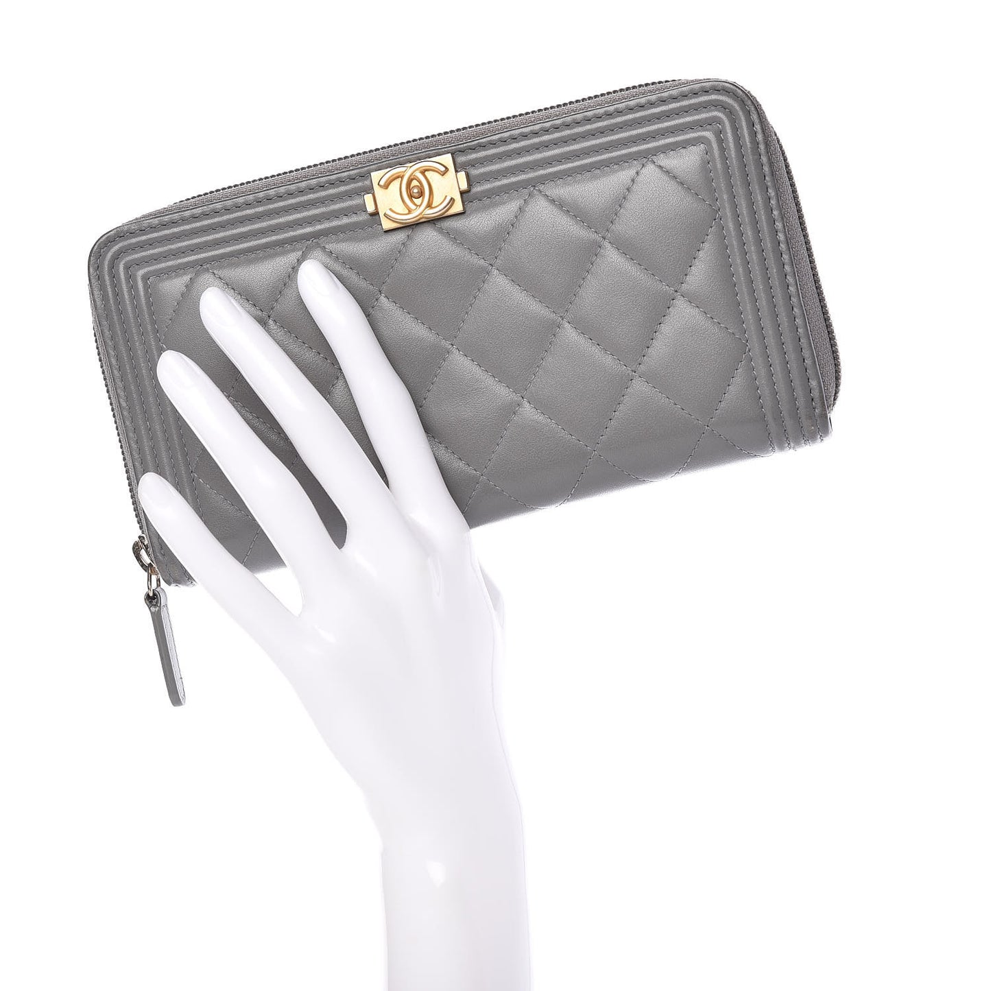 Lambskin Quilted Boy Zip Around Wallet Grey