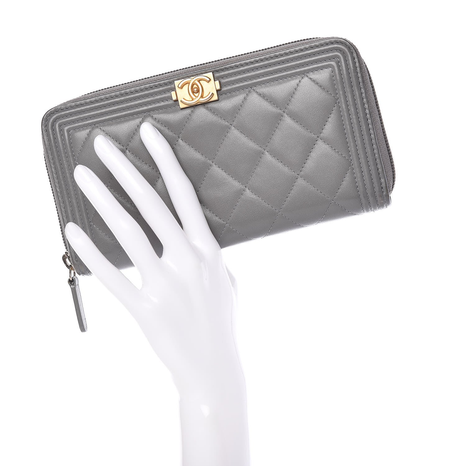 Chanel Lambskin Quilted Boy Zip Around Wallet Grey 2 of 14
