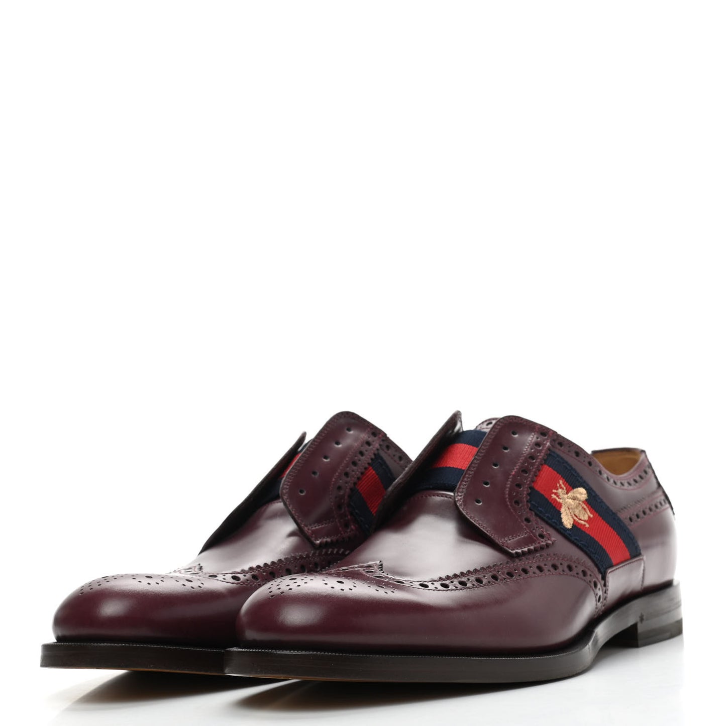 Calfskin Web Bee Embroidered Mens Slip-On Brogue Wingtip Derby Shoes 10 Bordeaux
