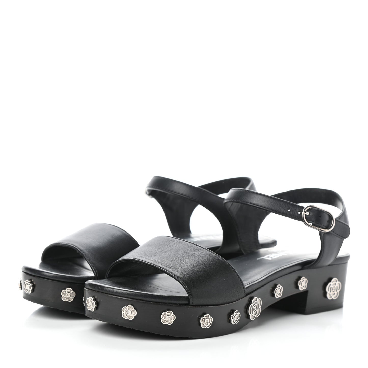 Calfskin Camellia Platform Sandals 37.5 Black