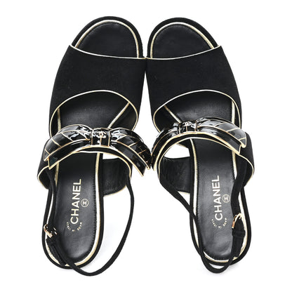 Chanel Suede CC Bow Slingback Pumps 37.5 Black Gold 2 of 9