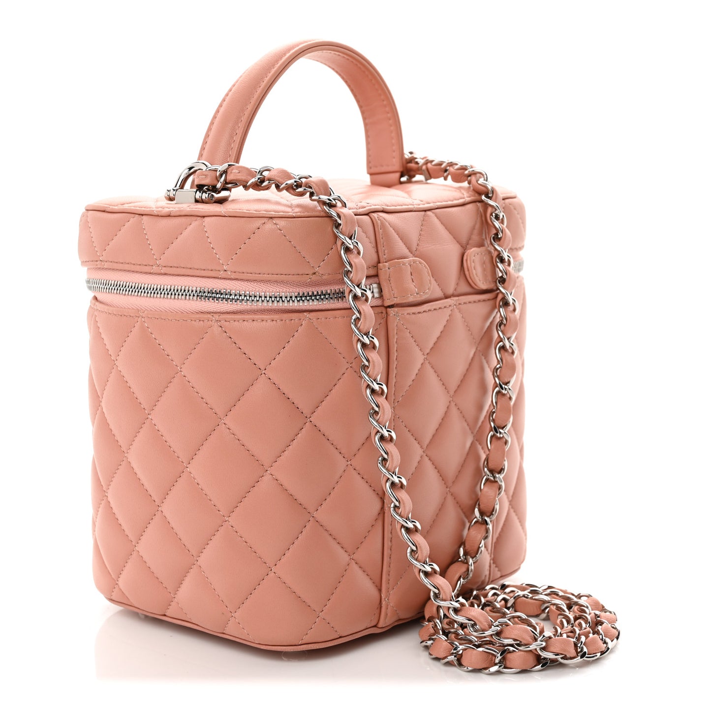 Lambskin Quilted Top Handle Vanity Case With Chain Light Pink