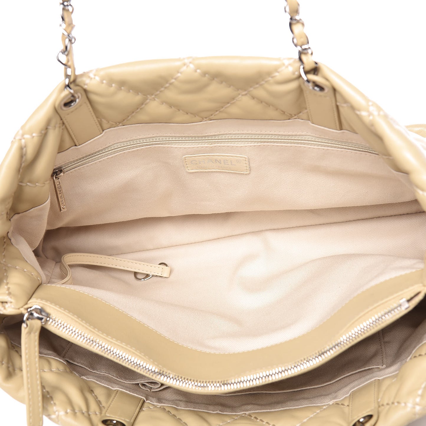 Calfskin Contrast Stitch Tote Beige