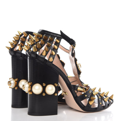 Gucci Kid Leather Studded Kendall Sandals 37 Black Gold 4 of 11