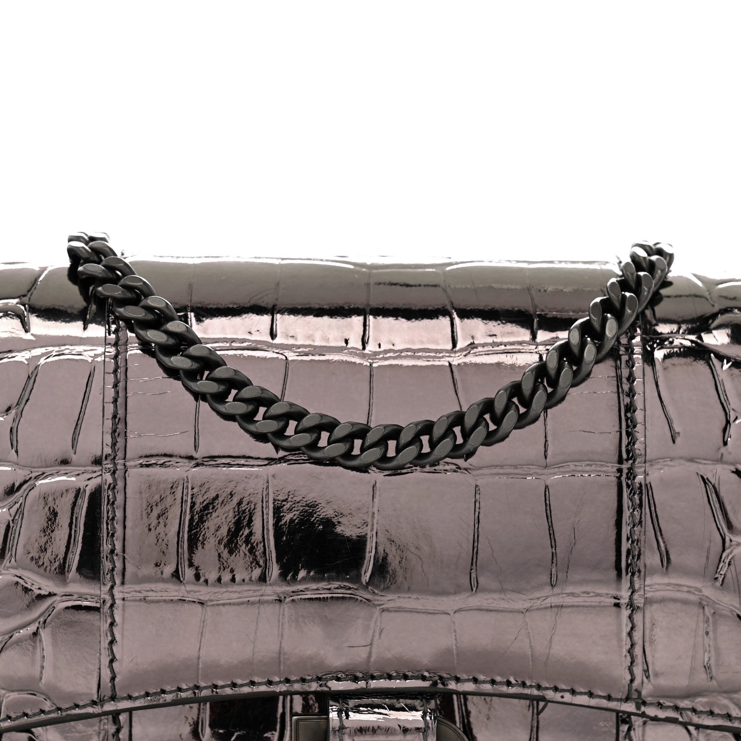 Balenciaga Shiny Metallic Calfskin Crocodile Embossed Hourglass Chain Bag Gunmetal 7 of 12