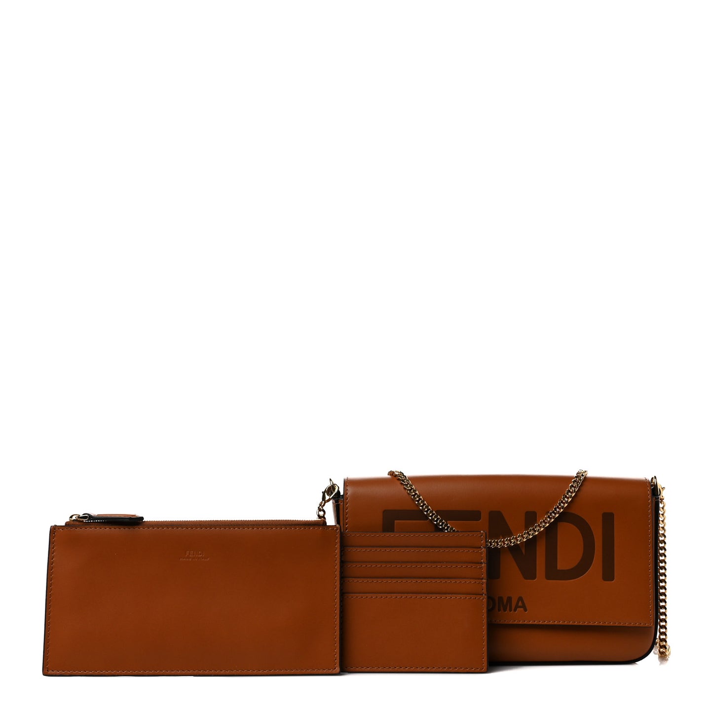 Vitello King Tamponato Logo Embossed Envelope Wallet On Chain with Pouches Cuoio