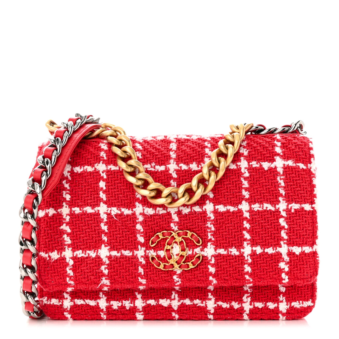 Tweed Quilted Chanel 19 Wallet On Chain WOC Red White