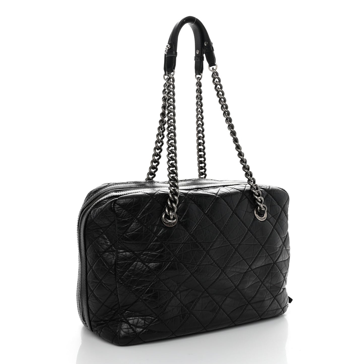 Aged Calfskin Quilted Large Secret Tag Bowling Bag Black