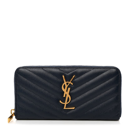 Saint Laurent Grain De Poudre Matelasse Chevron Monogram Zip Around Wallet Navy 1 of 6