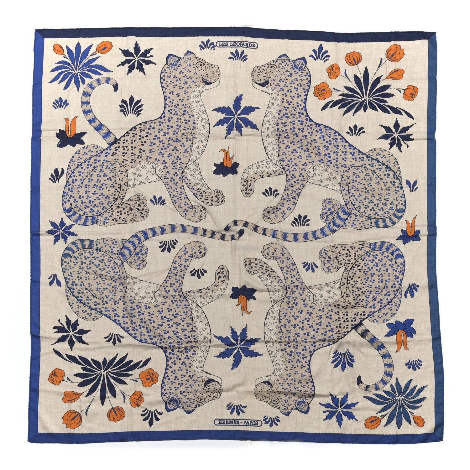 Hermes Cashmere Silk Les Leopards Shawl 140 Naturel Bleu Orange 1 of 8