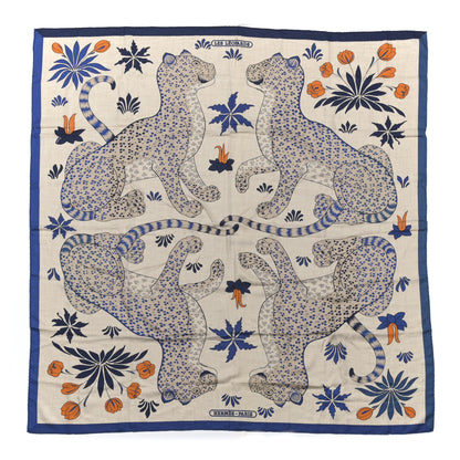 Hermes Cashmere Silk Les Leopards Shawl 140 Naturel Bleu Orange 1 of 8