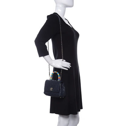Chanel Goatskin Quilted Extra Mini Rainbow Coco Handle Flap Navy Blue 2 of 13