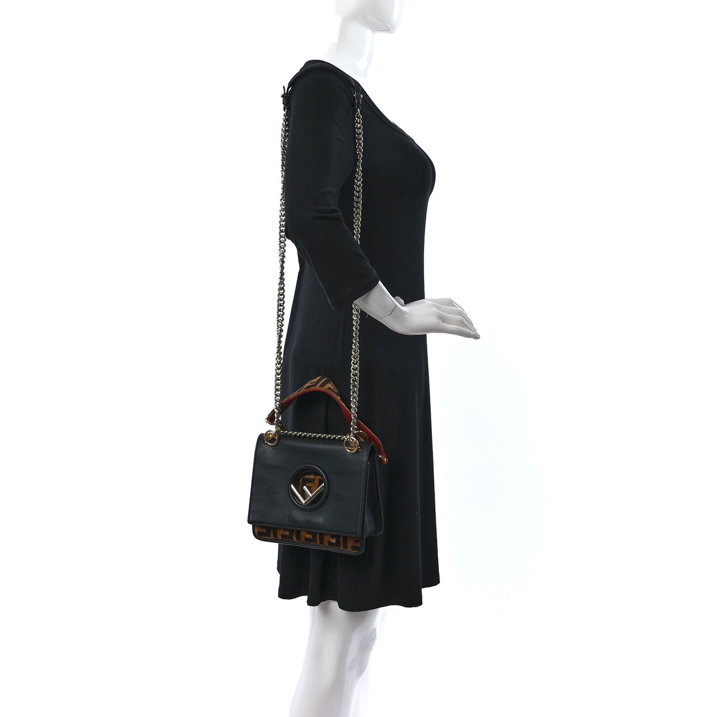 Vitello Century Velvet F is Fendi FF Embroidered Small Kan I Shoulder Bag Black Tobacco