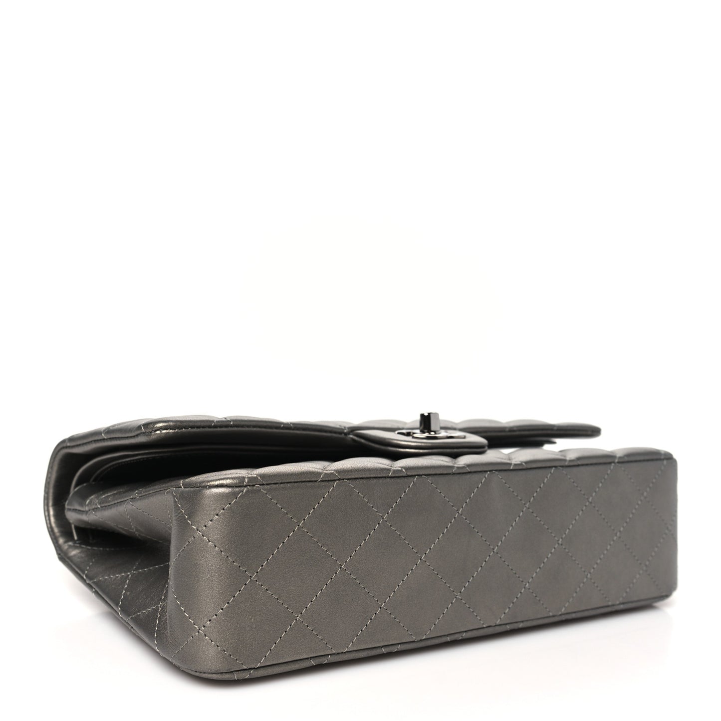 Metallic Calfskin Quilted Medium Double Flap Ruthenium Ruthenium