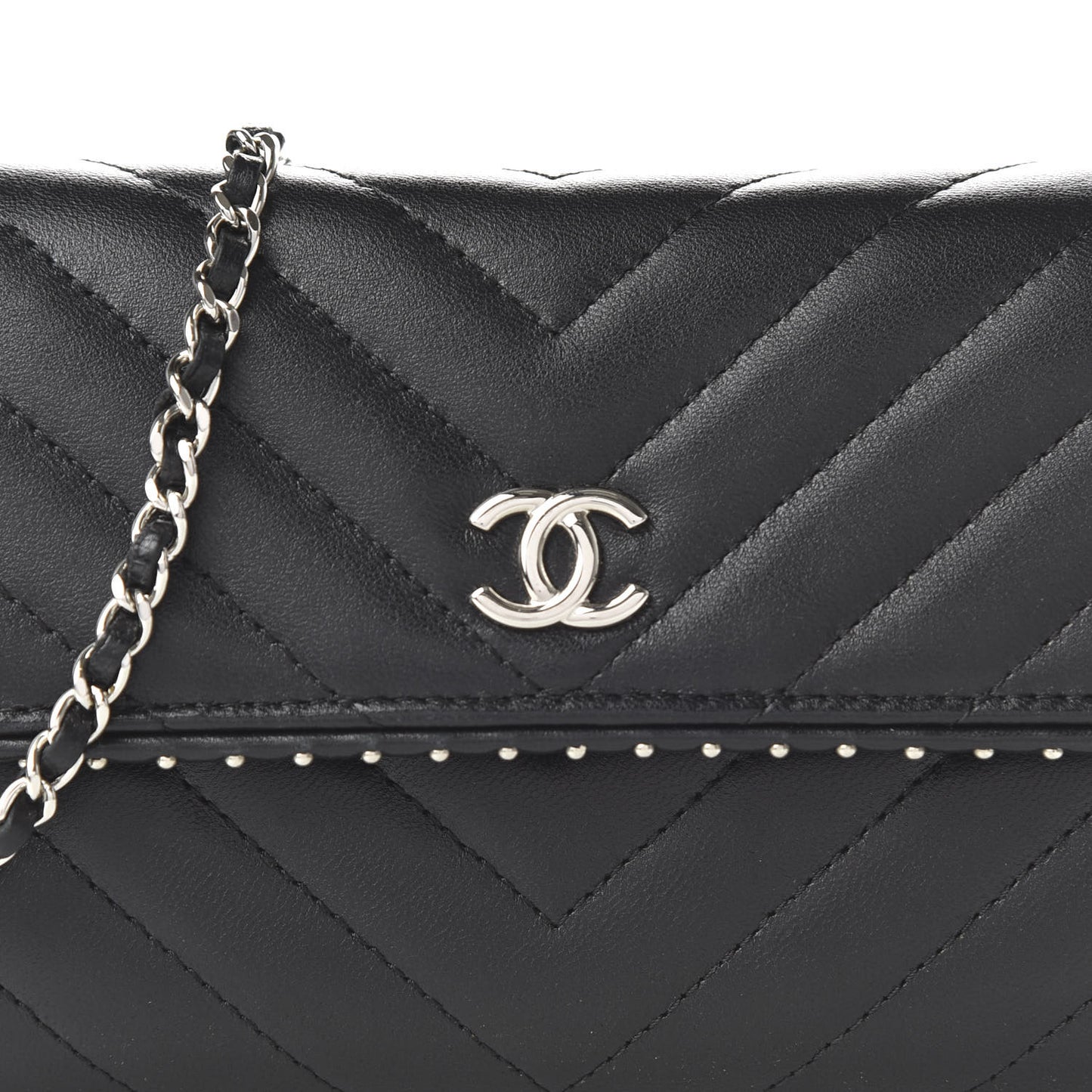 Lambskin Chevron Quilted Studded Clutch With Chain WOC Black