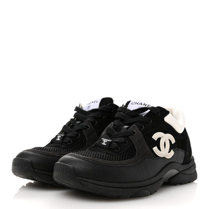 Chanel Mesh Suede Grained Calfskin Womens CC Sneakers 37 Black White 4 of 8