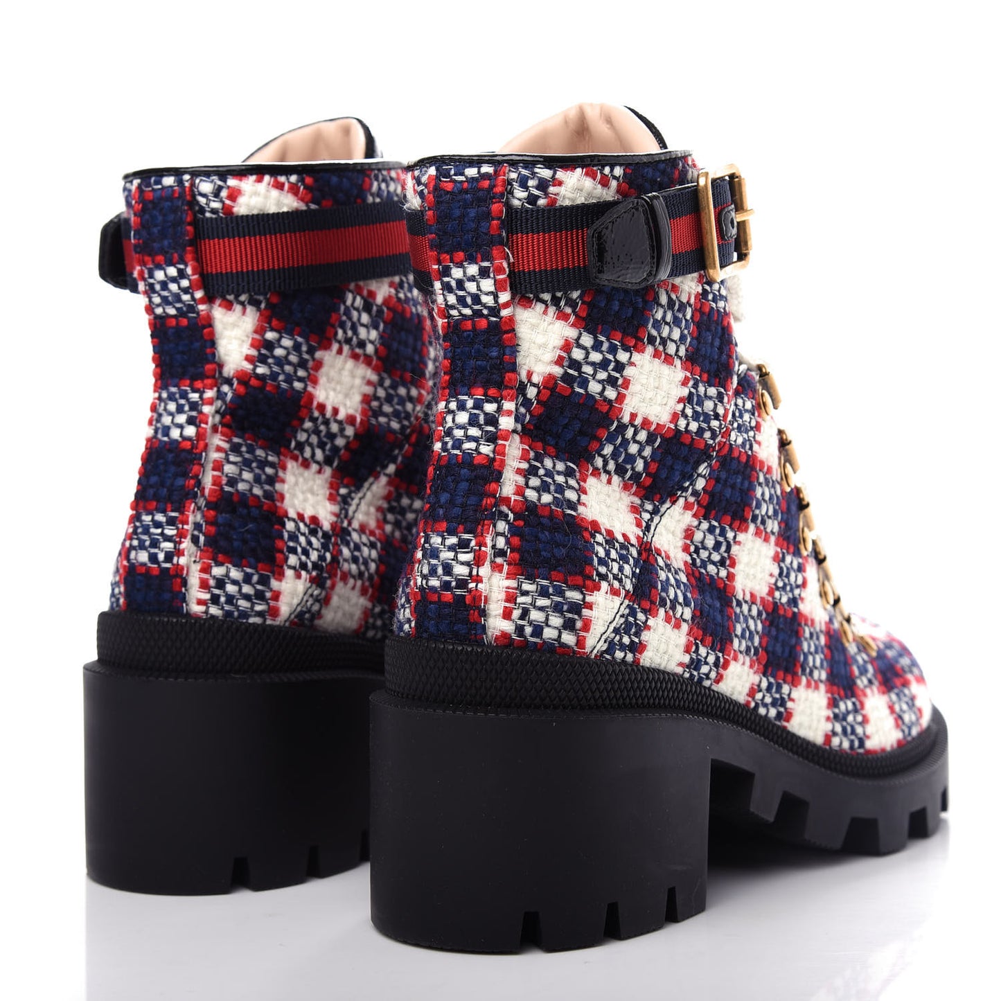 Vintage Tweed Check Lace Up Combat Ankle Boots 35 White Hibiscus Red Marine
