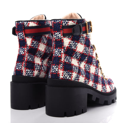 Gucci Vintage Tweed Check Lace Up Combat Ankle Boots 35 White Hibiscus Red Marine 4 of 11