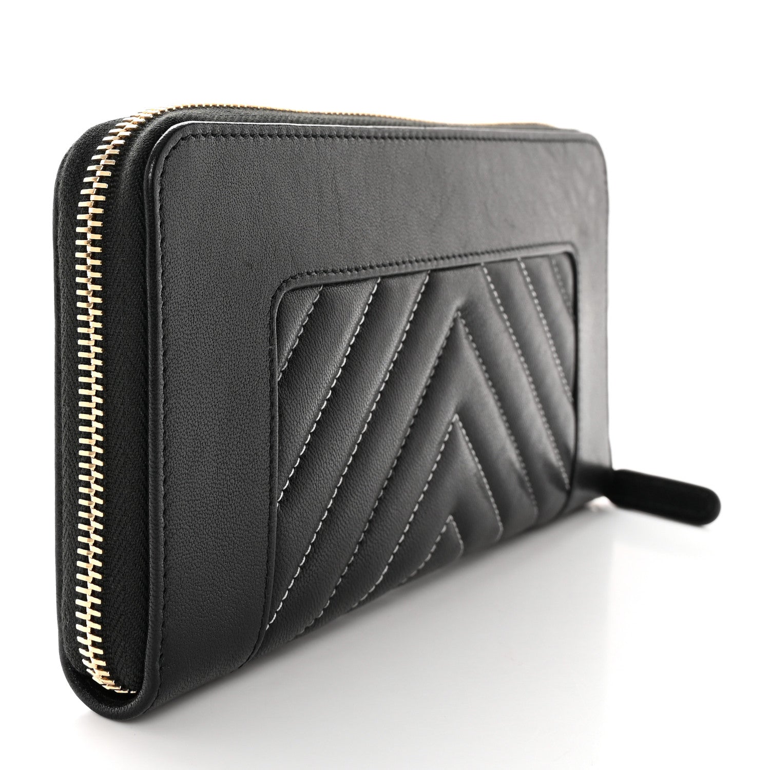 Chanel Sheepskin Chevron Quilted Mademoiselle Vintage Zip Around Wallet Black 3 of 11