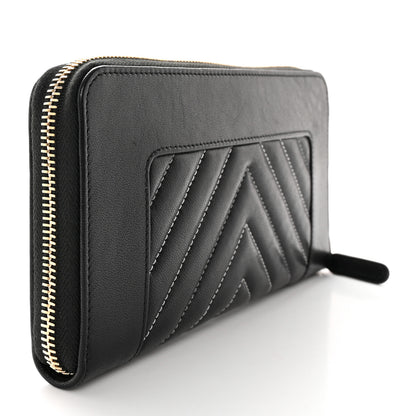 Chanel Sheepskin Chevron Quilted Mademoiselle Vintage Zip Around Wallet Black 3 of 11
