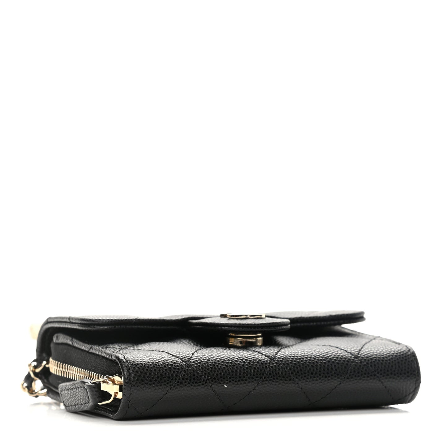 Caviar Quilted Flap Zip Card Holder On Chain Black