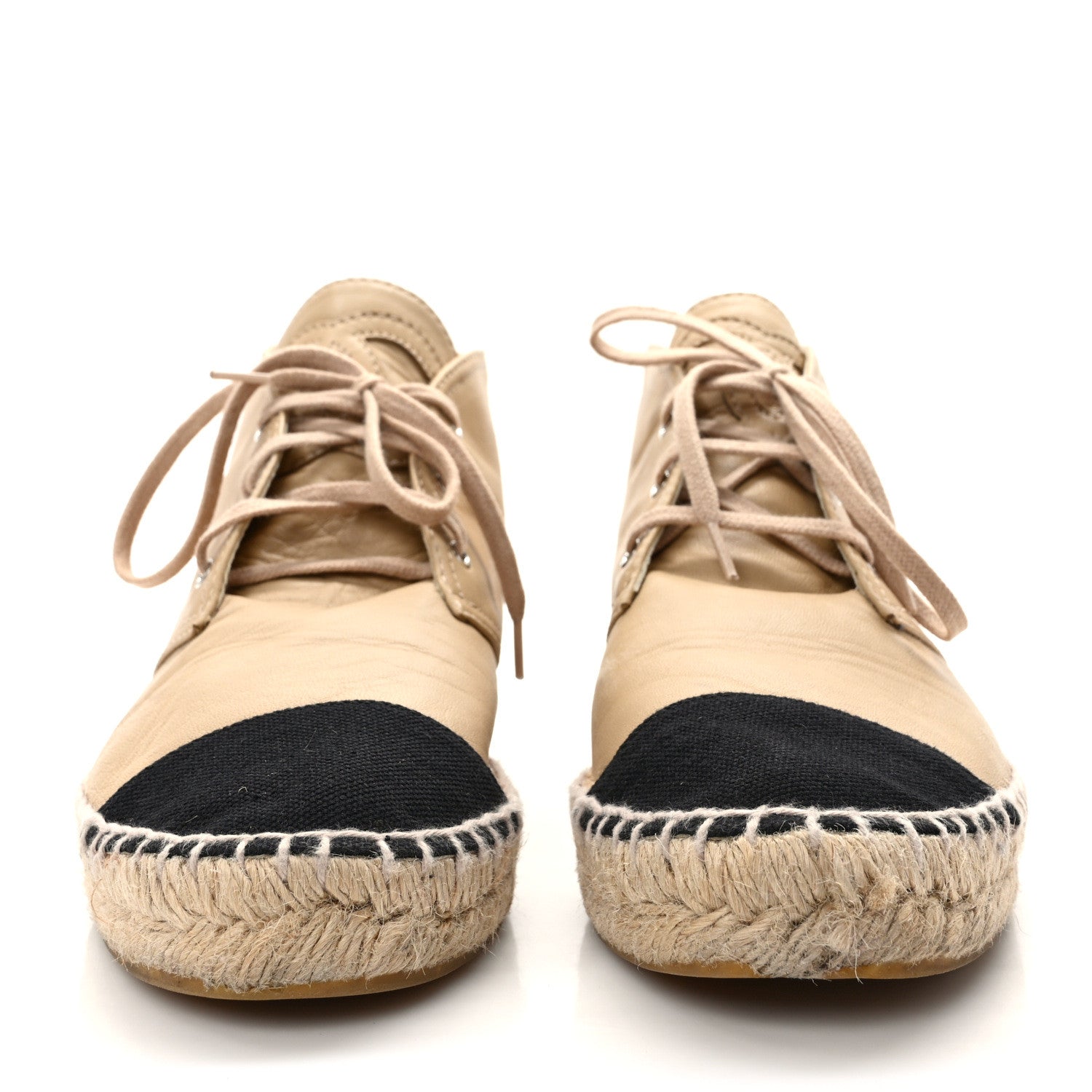 Chanel Lambskin Canvas Cap Toe Lace Up Espadrilles 40 Dark Beige Black 2 of 8