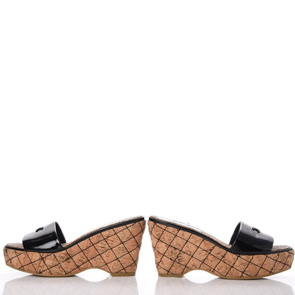 Chanel Patent Cork Quilted CC Wedge Mule Sandals 38 Black 5 of 21