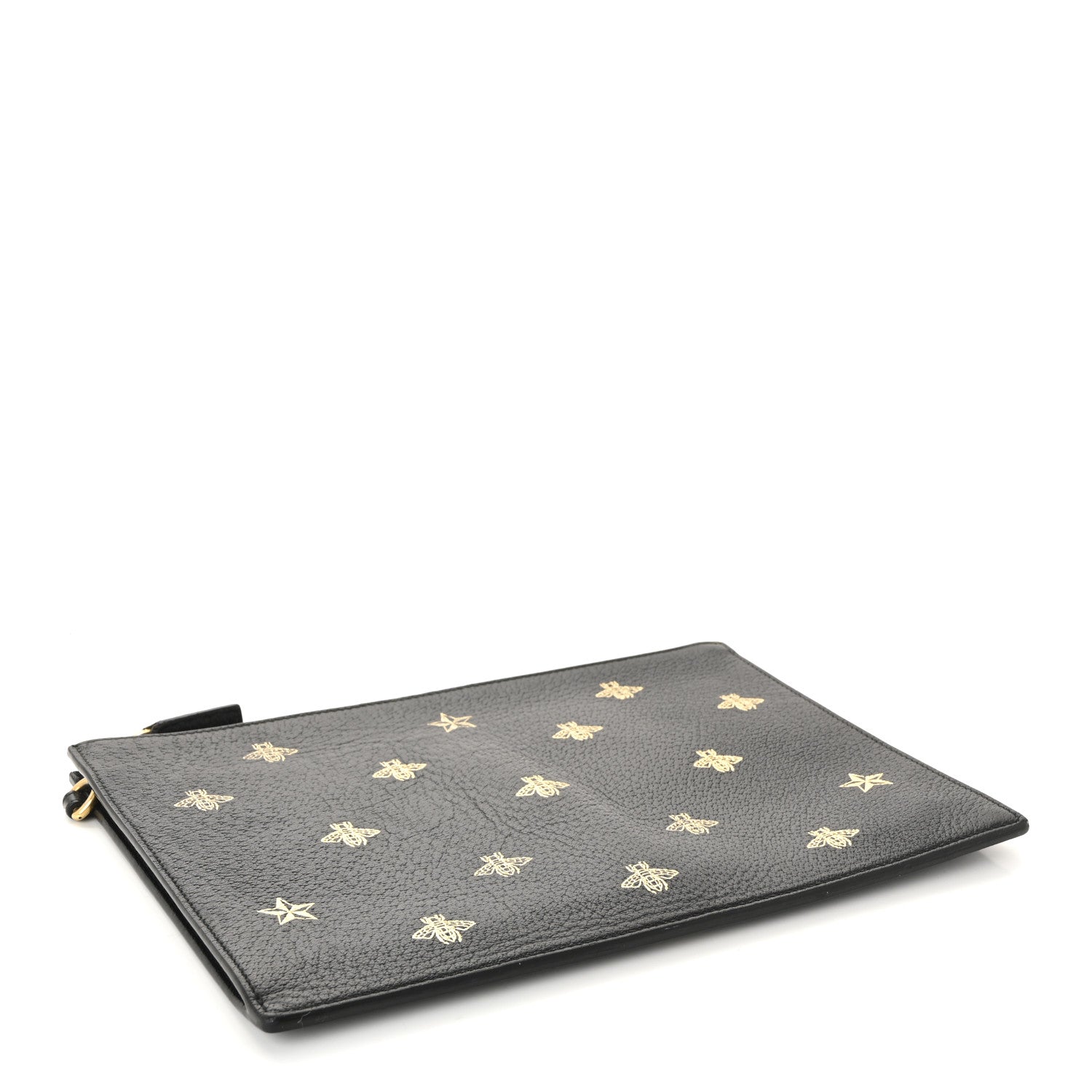 Gucci Dollar Calfskin Boar Effect Bee Star Zip Wristlet Pouch Black 4 of 8
