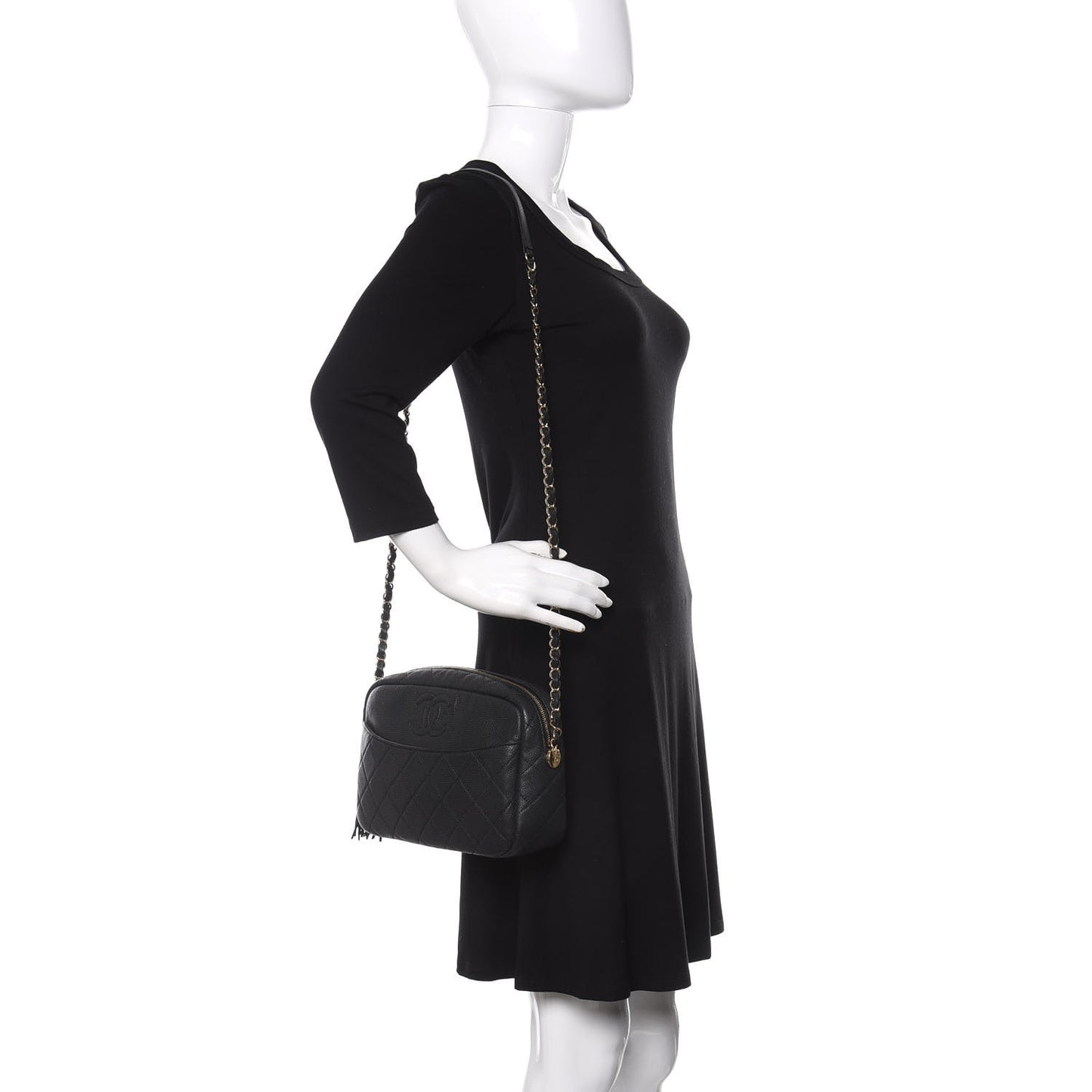 Iridescent Caviar Quilted Small Coco Tassel Camera Case Black