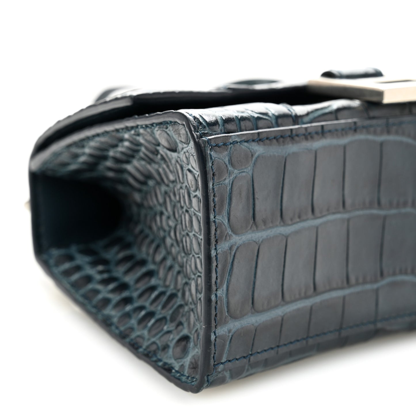 Shiny Calfskin Crocodile Embossed Hourglass Top Handle Bag XS Denim Blue