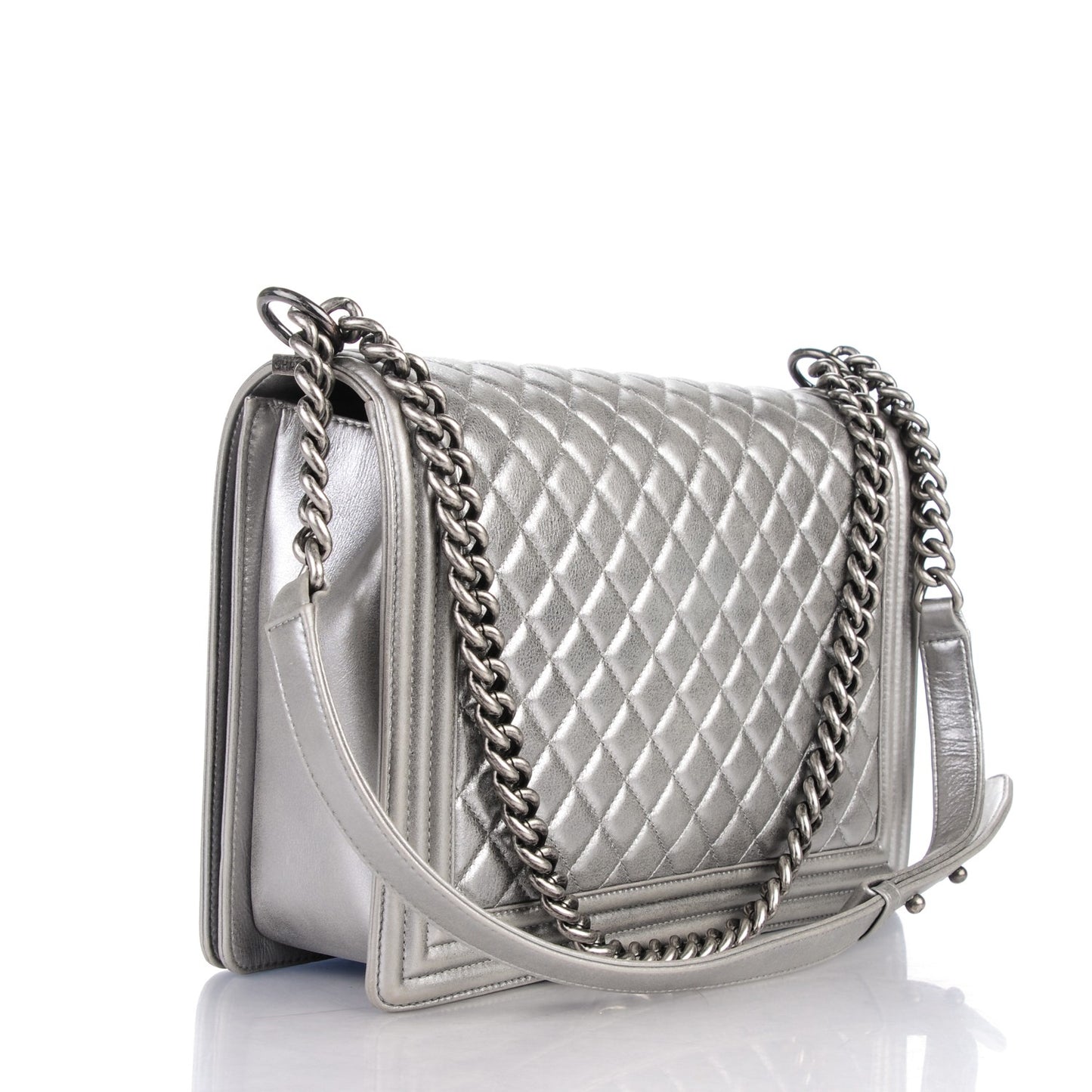 Metallic Calfskin Quilted Large Boy Flap Dark Silver