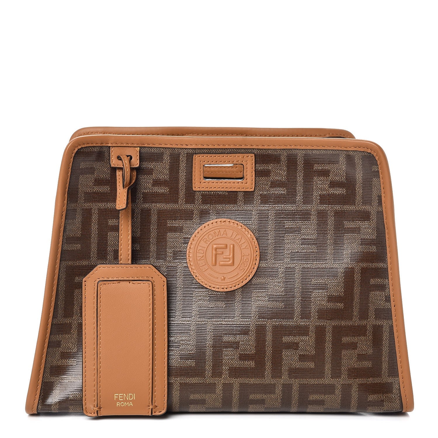 Fendi Glazed Fabric Vitello Century FF 1974 Stamp Patch Mini Peekaboo Defender Cover Mogano Panna Caramello 1 of 7