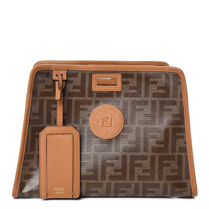 Fendi Glazed Fabric Vitello Century FF 1974 Stamp Patch Mini Peekaboo Defender Cover Mogano Panna Caramello 1 of 7