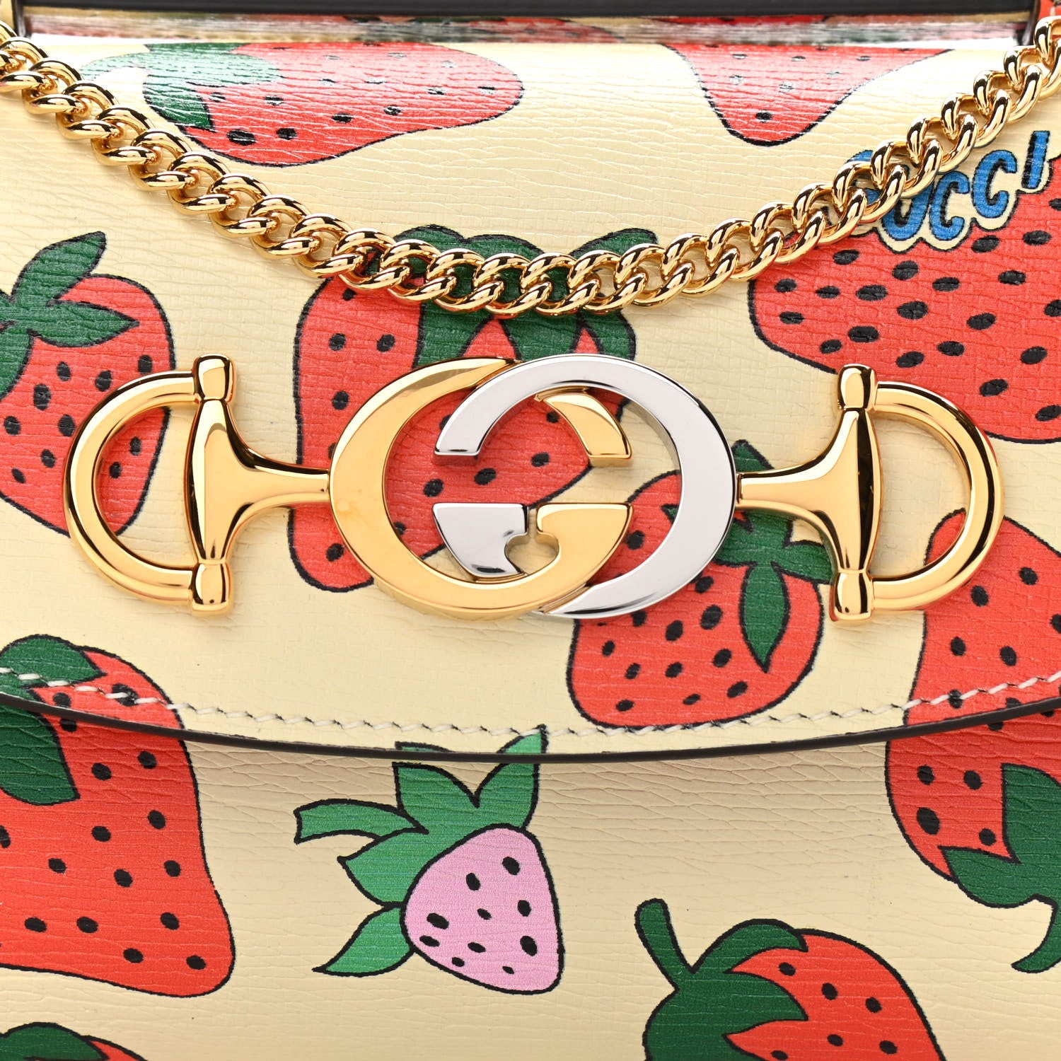 Gucci Calfskin Strawberry Print Mini Zumi Shoulder Bag Ivory Red 7 of 9