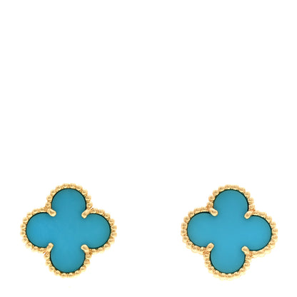 Van Cleef & Arpels 18K Yellow Gold Turquoise Vintage Alhambra Earrings 1 of 4