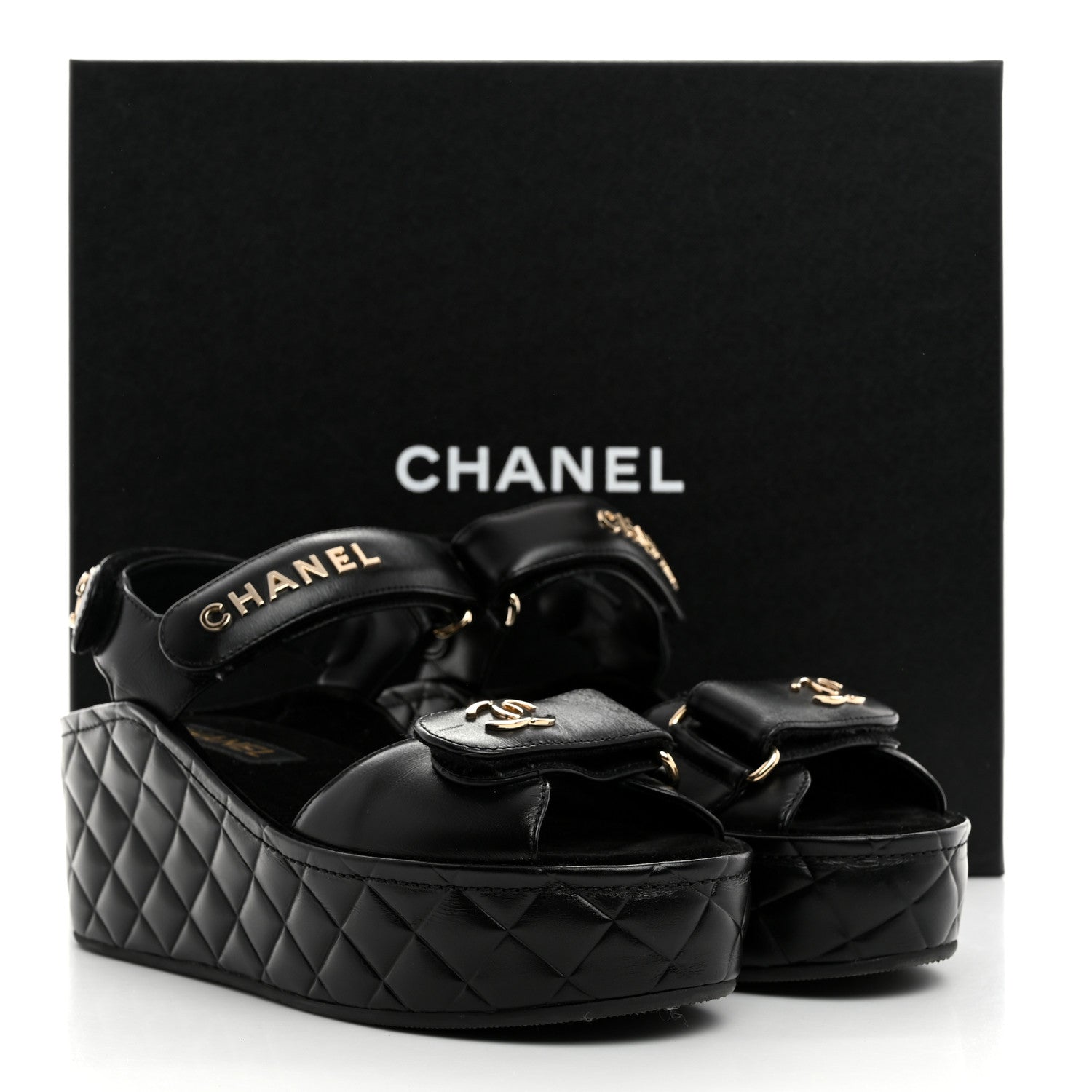 Chanel Shiny Calfskin Logo Platform Sandals 36 Black 9 of 9