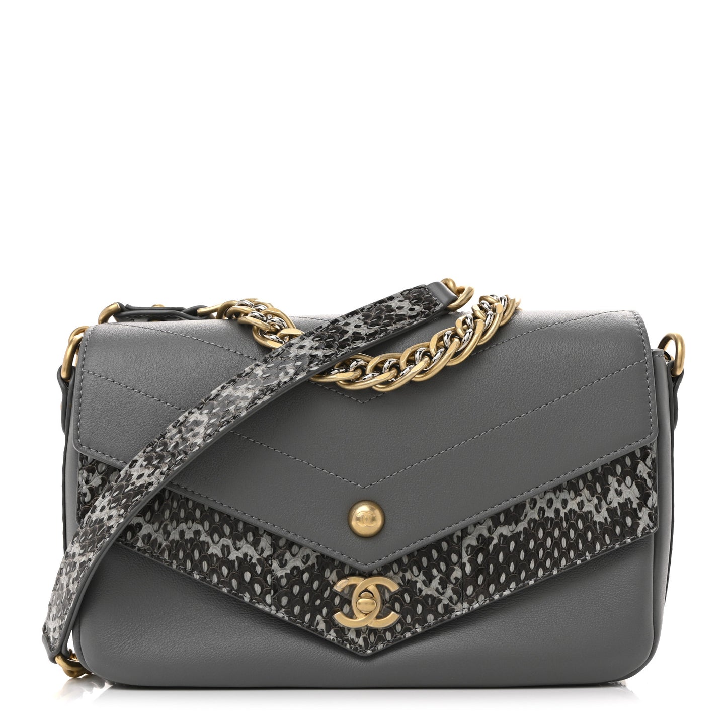 Sheepskin Snakeskin Chevron Quilted Mini Double Chevron Flap Grey