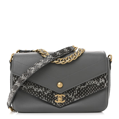 Chanel Sheepskin Snakeskin Chevron Quilted Mini Double Chevron Flap Grey 1 of 11