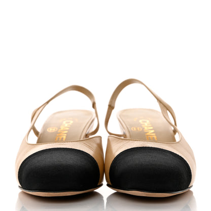 Chanel Goatskin Grosgrain Cap Toe CC Slingback Pumps 36.5 Beige Black 2 of 9