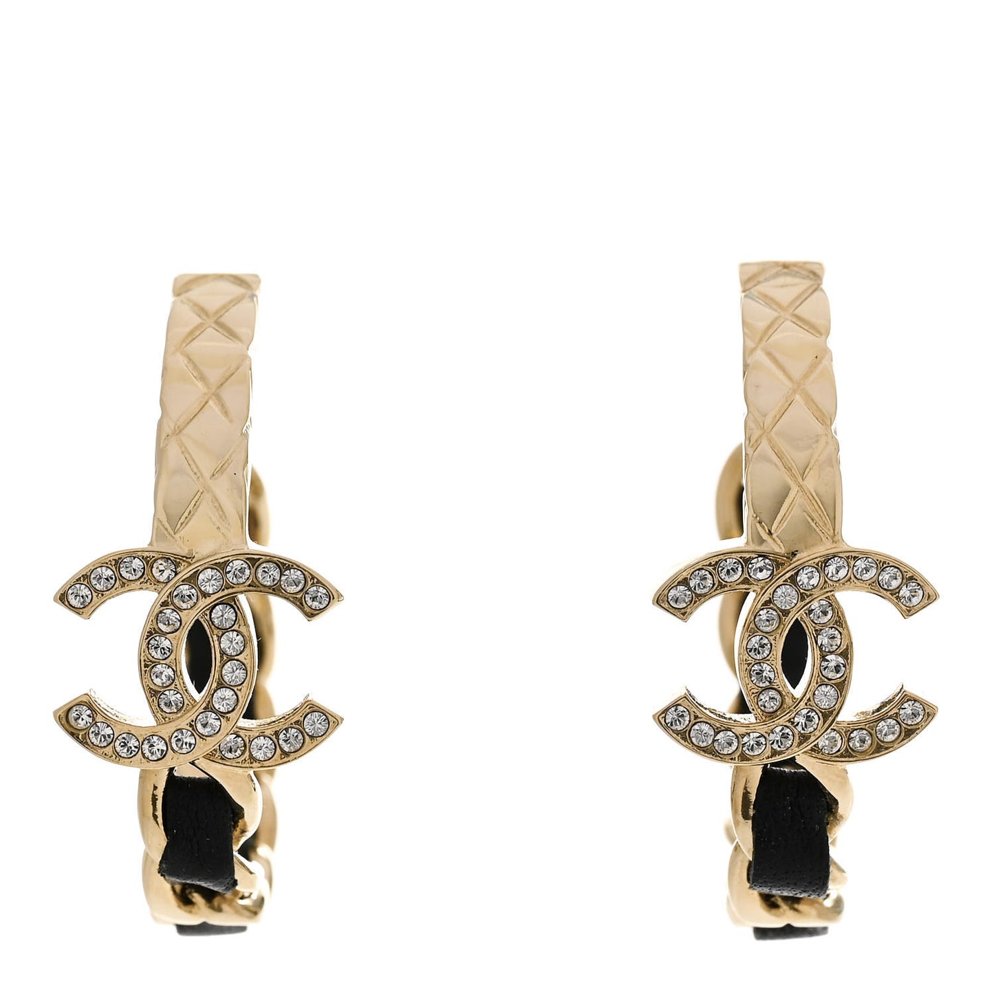 Metal Crystal Lambskin Quilted CC Chain Hoop Earrings Gold Black