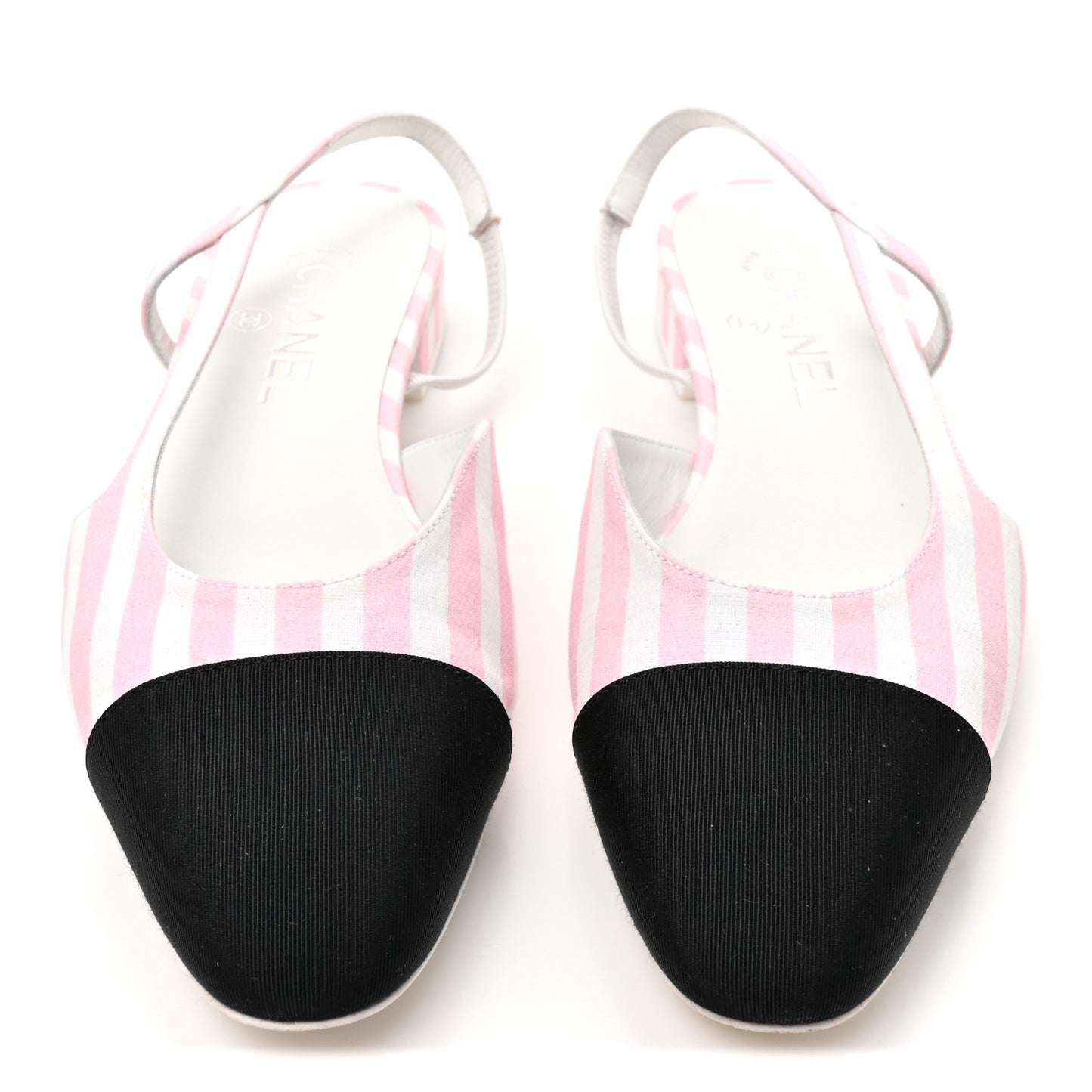 Fabric Grosgrain Cap Toe CC Slingback Flats 38.5 Pink White