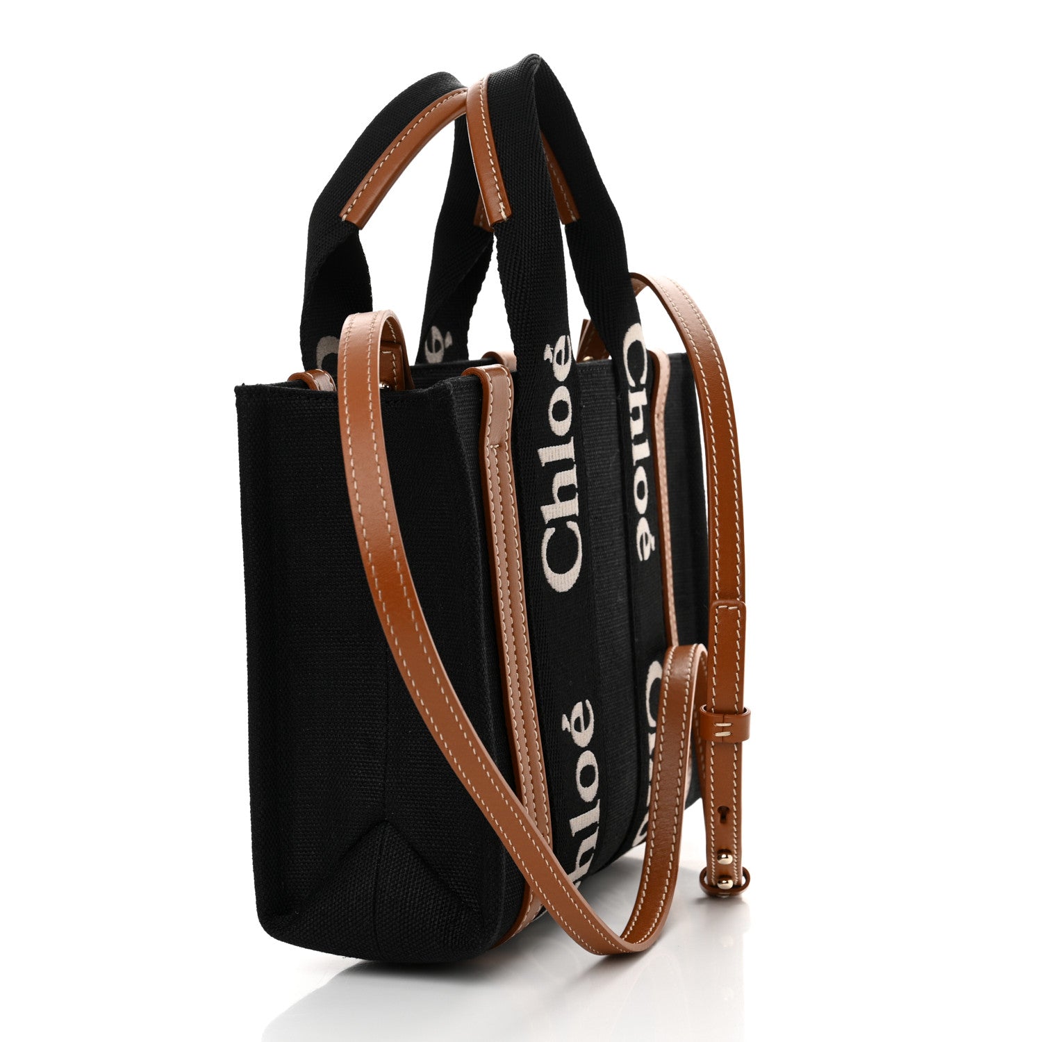 Chloe Linen Calfskin Small Woody Ribbon Tote With Strap Black 2 of 9