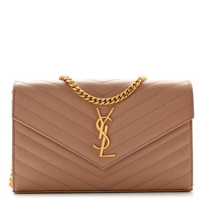 Saint Laurent Grain De Poudre Matelasse Chevron Monogram Chain Wallet Dark Beige 1 of 12