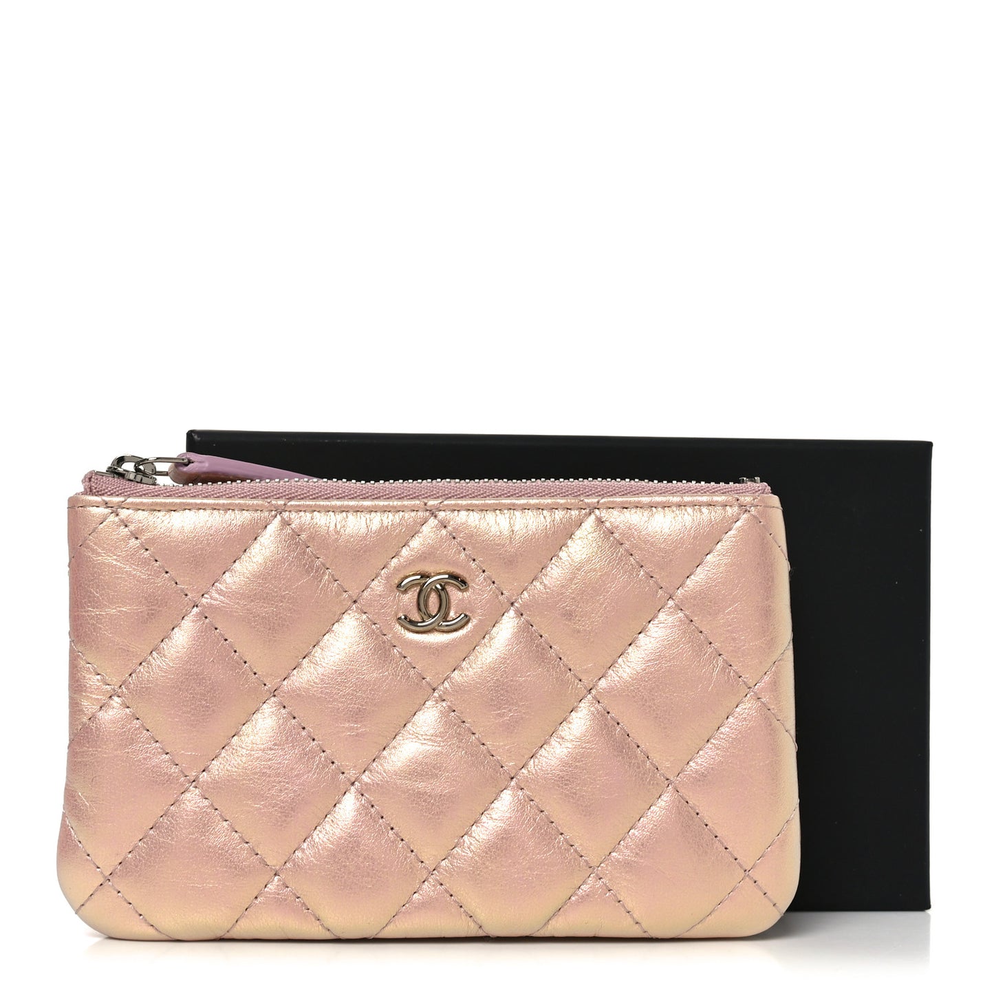Iridescent Calfskin Quilted Small Cosmetic Case Pink