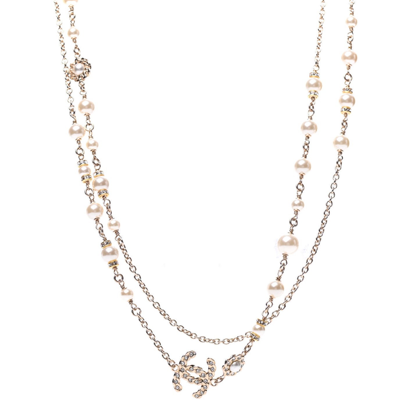 Crystal Pearl Pearls Coronation CC Long Necklace Gold