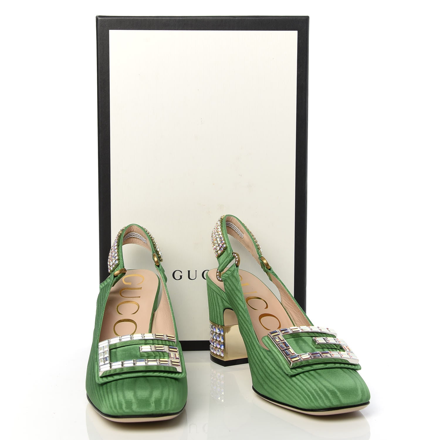 Gucci Moire Fabric Crystal Square G Madelyn Slingbacks 37 New Shamarock 10 of 10