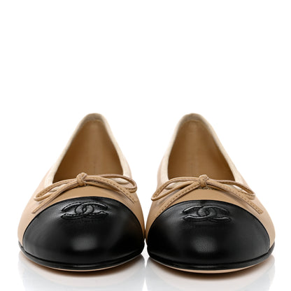 Chanel Lambskin Cap Toe CC Ballerina Flats 38 Beige Black 2 of 9