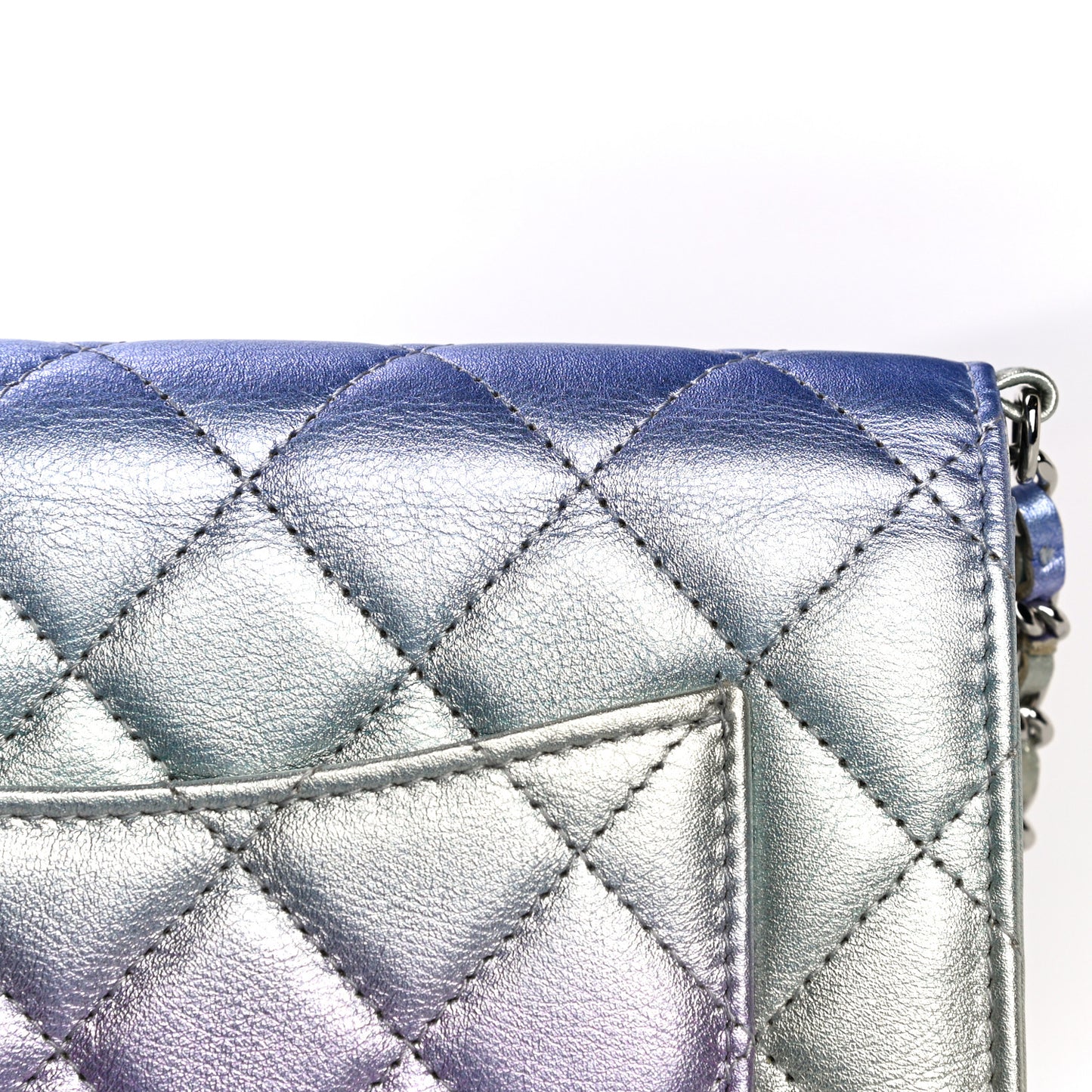 Gradient Metallic Calfskin Quilted Wallet On Chain WOC Silver Blue Yellow Purple