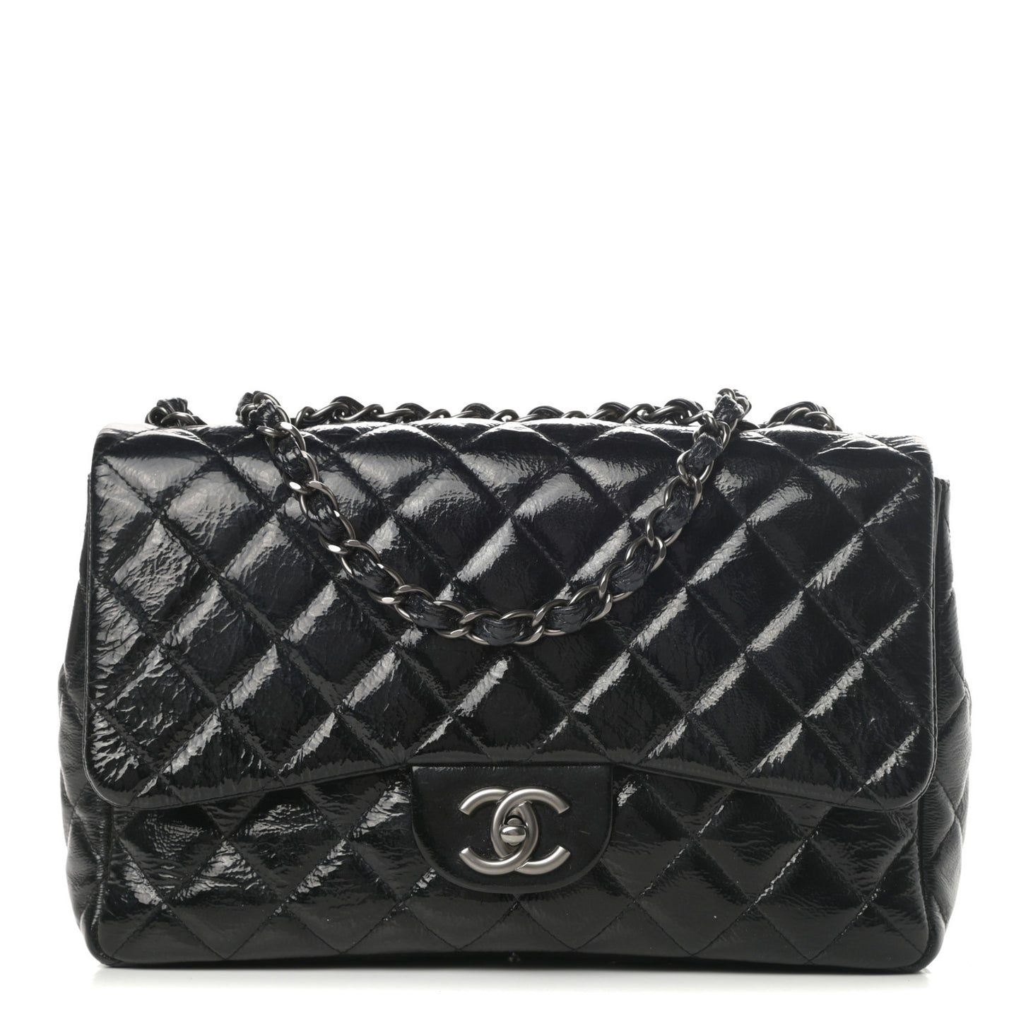 Crinkled Patent Quilted Jumbo Single Flap Black